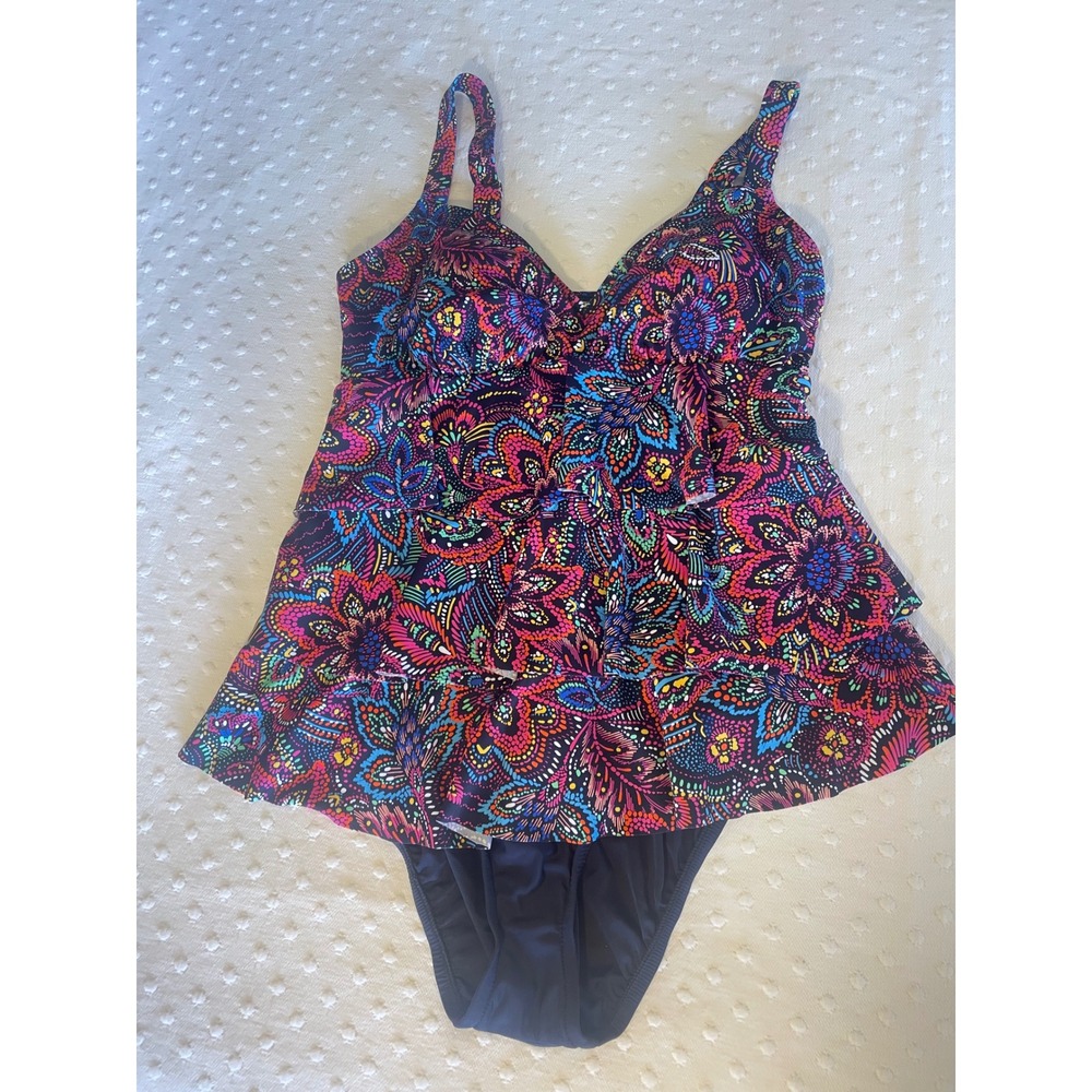 NWT Swim Solutions Paisley Tiered Tummy Control One Piece Swimsuit 12 Swim Skirt - Picture 4 of 9